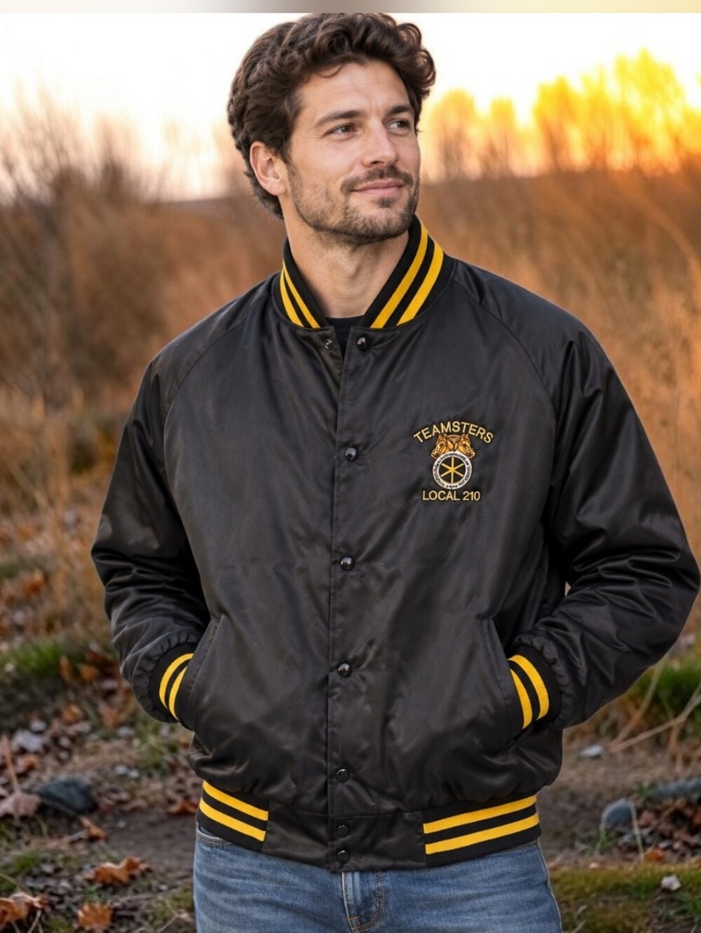 Vtg Teamsters Satin Bomber Jacket XL Local 210 USA Union Made New York Black 90s
